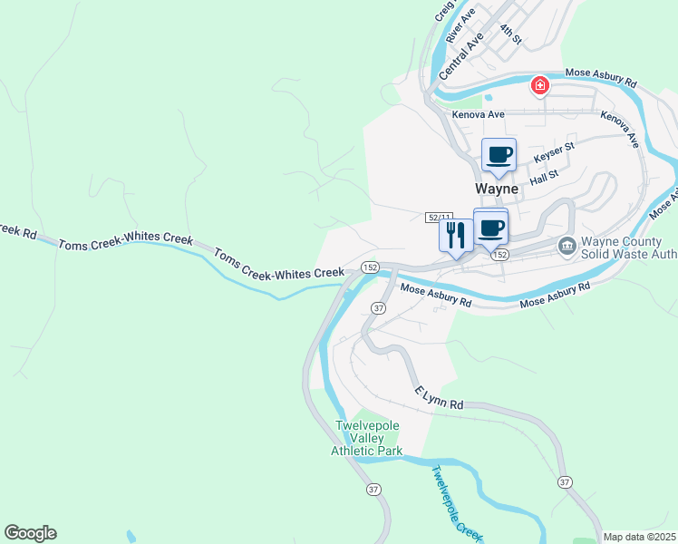 map of restaurants, bars, coffee shops, grocery stores, and more near Toms Creek-Whites Creek in Wayne