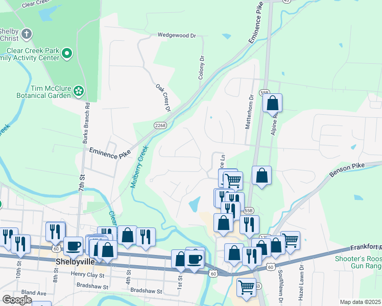 map of restaurants, bars, coffee shops, grocery stores, and more near 3231 Squire Circle in Shelbyville