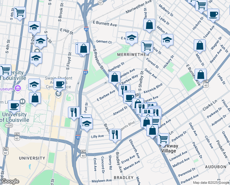 map of restaurants, bars, coffee shops, grocery stores, and more near 630 East Barbee Avenue in Louisville