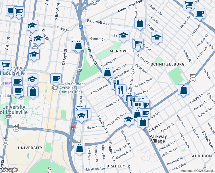 map of restaurants, bars, coffee shops, grocery stores, and more near 630 East Barbee Avenue in Louisville