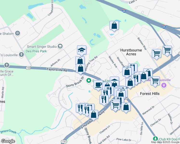 map of restaurants, bars, coffee shops, grocery stores, and more near 8906 Elks Bluff Drive in Louisville