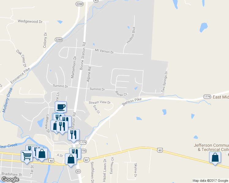 map of restaurants, bars, coffee shops, grocery stores, and more near 11 Raven Court in Shelbyville