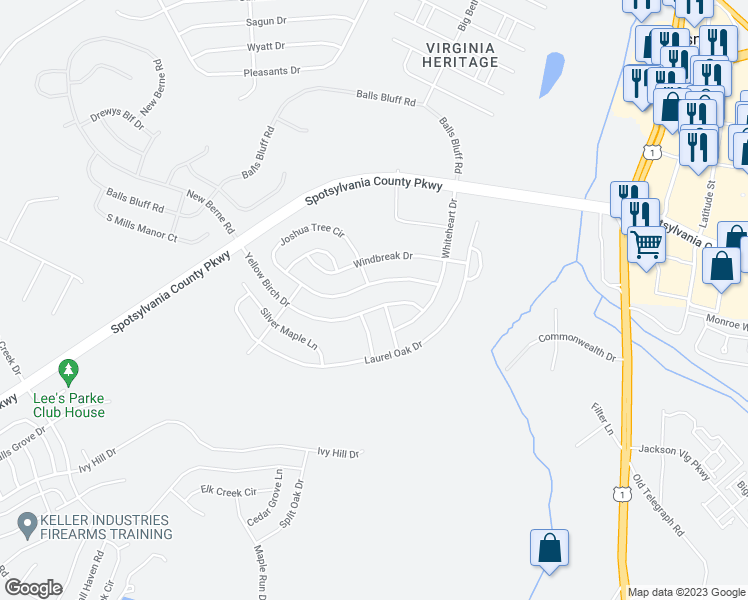 map of restaurants, bars, coffee shops, grocery stores, and more near 5219 Yellow Birch Drive in Fredericksburg