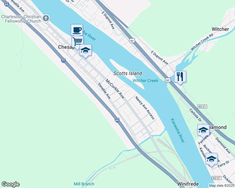 map of restaurants, bars, coffee shops, grocery stores, and more near 13354-13398 Maccorkle Avenue in Chesapeake