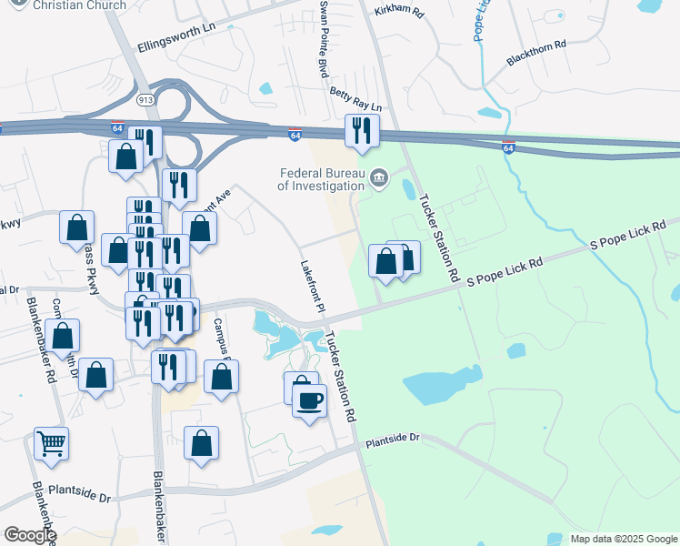 map of restaurants, bars, coffee shops, grocery stores, and more near 12501 Lakefront Place in Jeffersontown