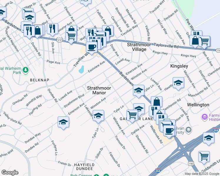 map of restaurants, bars, coffee shops, grocery stores, and more near 2146 Emerson Avenue in Louisville