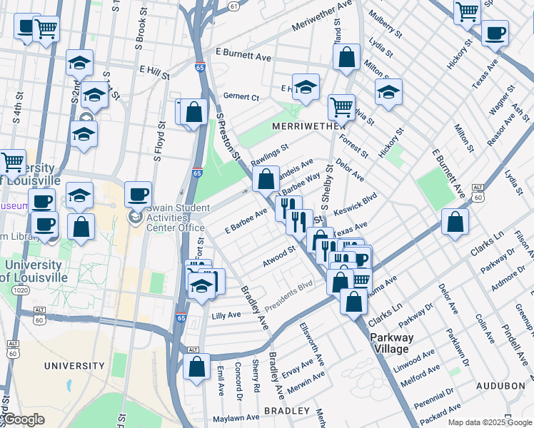 map of restaurants, bars, coffee shops, grocery stores, and more near 630 East Barbee Avenue in Louisville