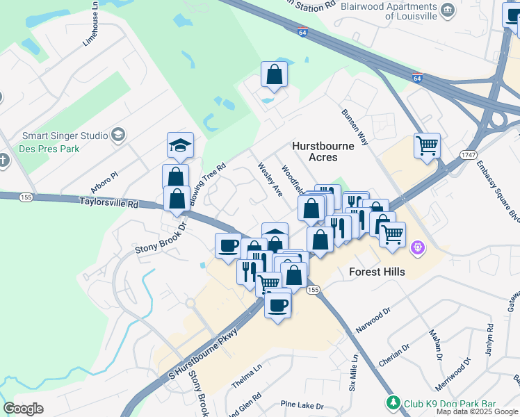 map of restaurants, bars, coffee shops, grocery stores, and more near 1904 Hoke Road in Hurstbourne Acres