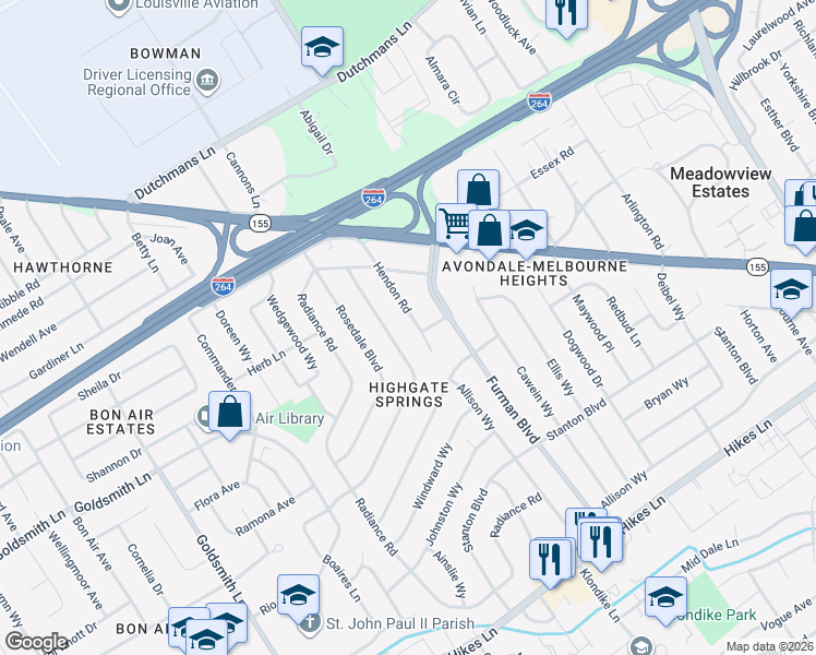 map of restaurants, bars, coffee shops, grocery stores, and more near 3038 Hendon Road in Louisville