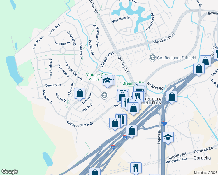 map of restaurants, bars, coffee shops, grocery stores, and more near 570 Vintage Valley Drive in Fairfield