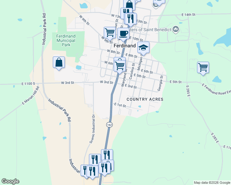 map of restaurants, bars, coffee shops, grocery stores, and more near 210 Main Street in Ferdinand