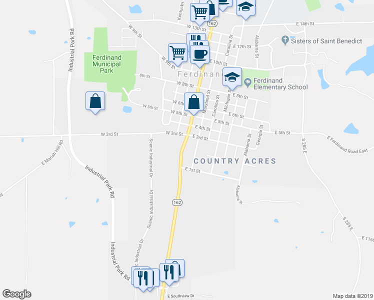 map of restaurants, bars, coffee shops, grocery stores, and more near 210 Main Street in Ferdinand