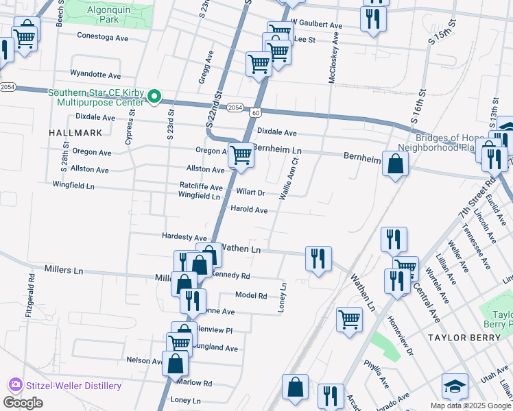 map of restaurants, bars, coffee shops, grocery stores, and more near 1719 Harold Avenue in Louisville