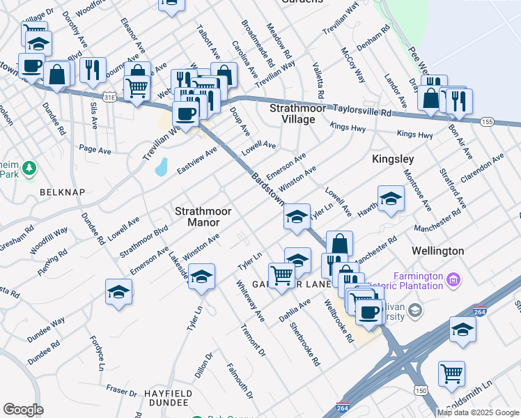 map of restaurants, bars, coffee shops, grocery stores, and more near 2154 Winston Avenue in Louisville