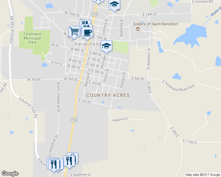 map of restaurants, bars, coffee shops, grocery stores, and more near 280 Lee Court in Ferdinand