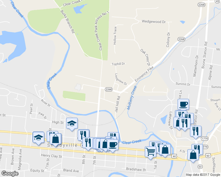 map of restaurants, bars, coffee shops, grocery stores, and more near 82 Eminence Pike in Shelbyville