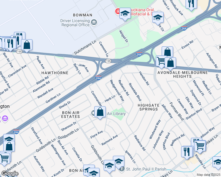 map of restaurants, bars, coffee shops, grocery stores, and more near 3019 Nadina Drive in Louisville