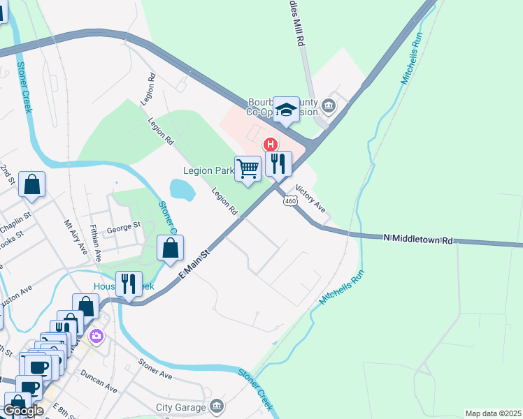 map of restaurants, bars, coffee shops, grocery stores, and more near 300 East Main Street in Paris