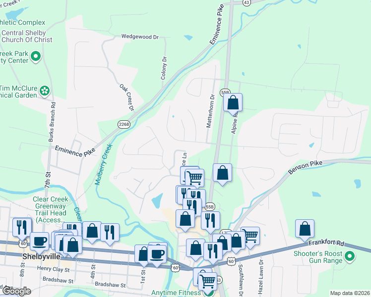 map of restaurants, bars, coffee shops, grocery stores, and more near 38 Trace Lane in Shelbyville