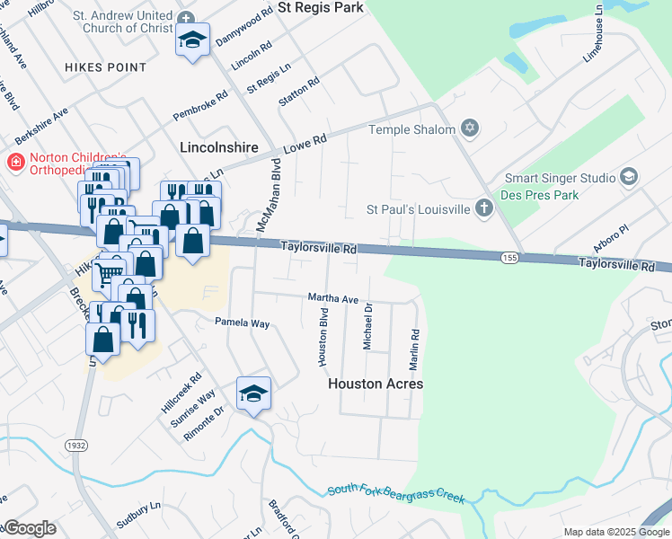 map of restaurants, bars, coffee shops, grocery stores, and more near 3005 Houston Boulevard in Louisville