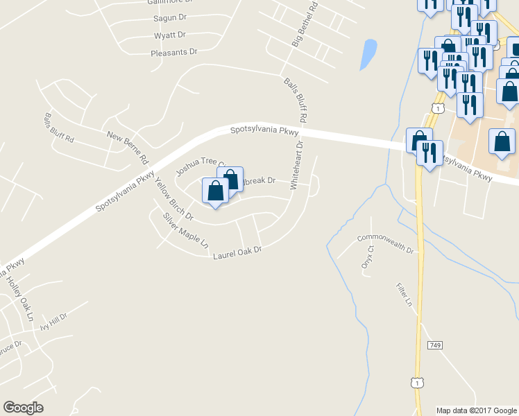 map of restaurants, bars, coffee shops, grocery stores, and more near 5211 Yellow Birch Drive in Fredericksburg