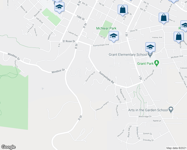 map of restaurants, bars, coffee shops, grocery stores, and more near 102 Suncrest Hill Drive in Petaluma