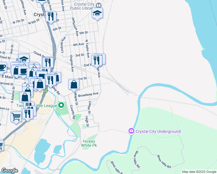 map of restaurants, bars, coffee shops, grocery stores, and more near 30 Mississippi Avenue in Crystal City