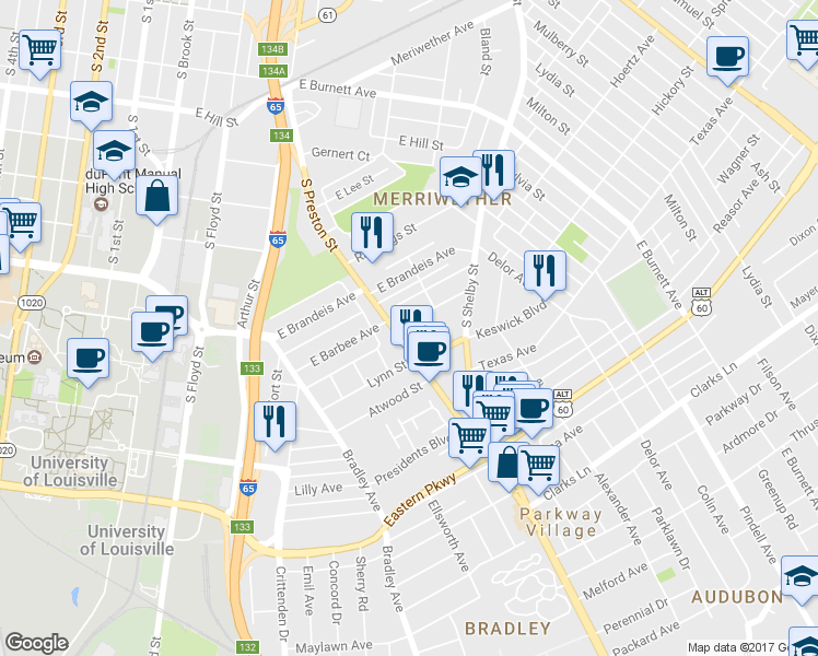 map of restaurants, bars, coffee shops, grocery stores, and more near 648 South Barbee Way in Louisville