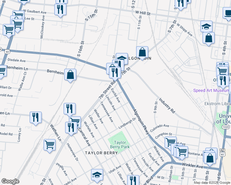 map of restaurants, bars, coffee shops, grocery stores, and more near 1245 Euclid Avenue in Louisville