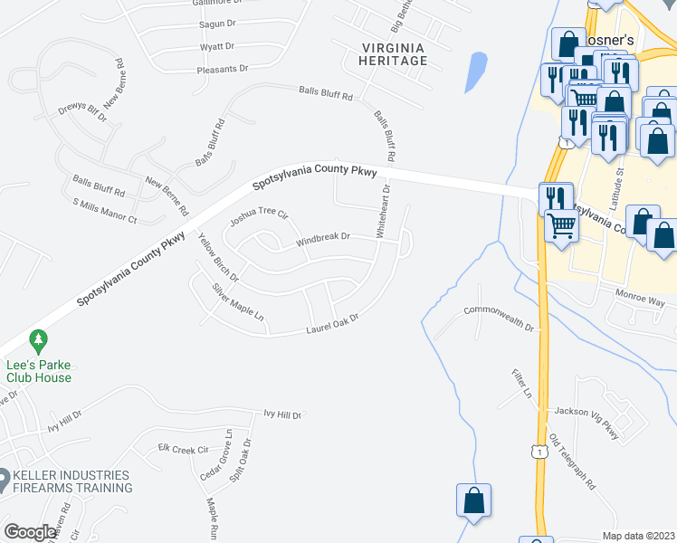 map of restaurants, bars, coffee shops, grocery stores, and more near 5209 Yellow Birch Drive in Fredericksburg