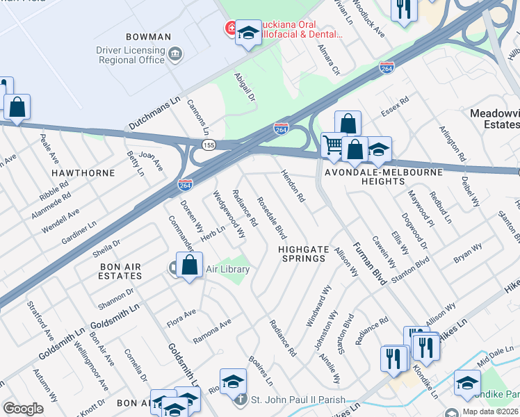 map of restaurants, bars, coffee shops, grocery stores, and more near 3020 Rosedale Boulevard in Louisville