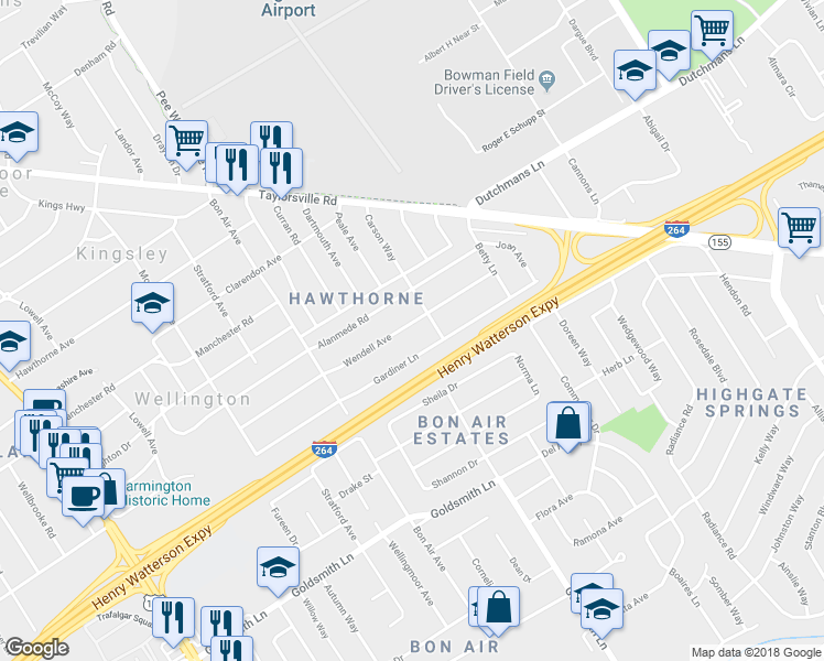 map of restaurants, bars, coffee shops, grocery stores, and more near 2640 Wendell Avenue in Louisville