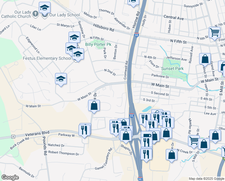 map of restaurants, bars, coffee shops, grocery stores, and more near 101 Twin City Drive in Festus