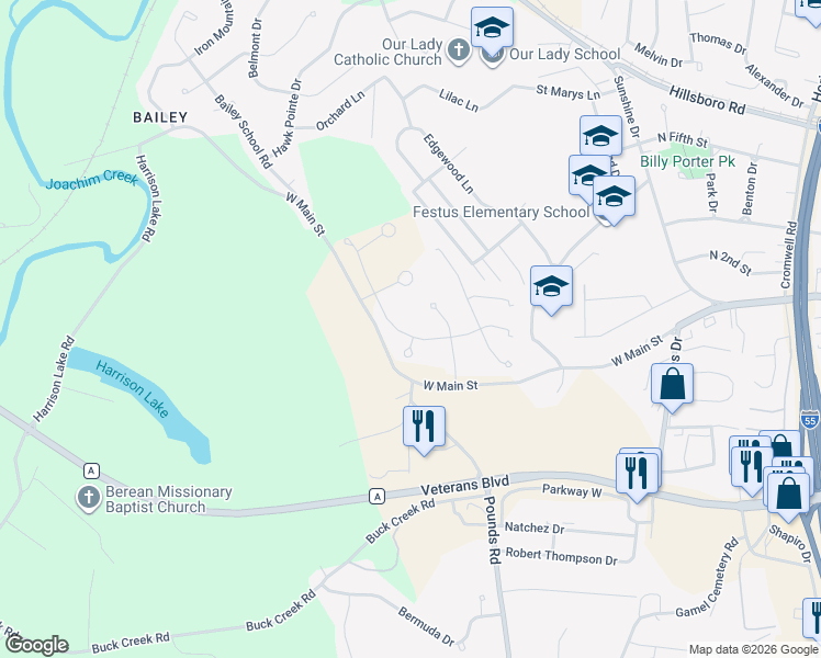 map of restaurants, bars, coffee shops, grocery stores, and more near 1824 Sunset Ridge in Festus
