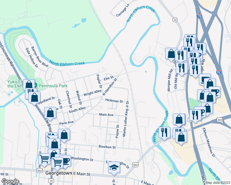 map of restaurants, bars, coffee shops, grocery stores, and more near 305 Young Street in Georgetown