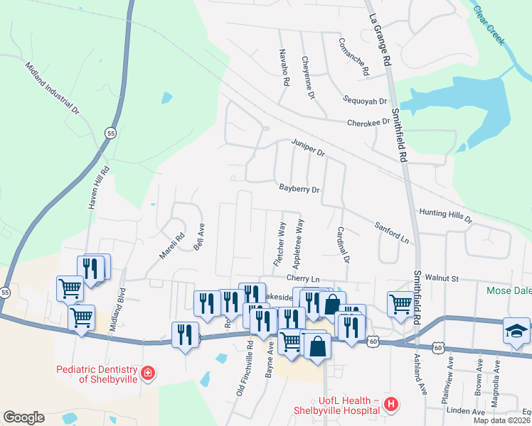 map of restaurants, bars, coffee shops, grocery stores, and more near 1721 Cherry Lane in Shelbyville