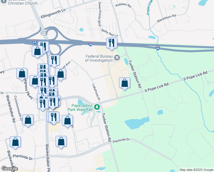 map of restaurants, bars, coffee shops, grocery stores, and more near 12501 Lakefront Place in Jeffersontown