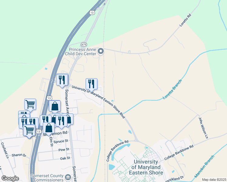 map of restaurants, bars, coffee shops, grocery stores, and more near 30630 Umes Boulevard in Princess Anne