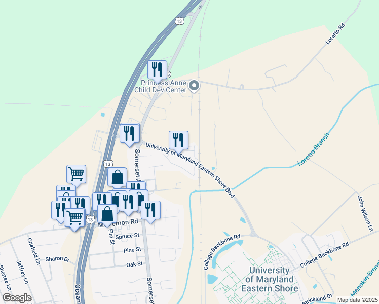 map of restaurants, bars, coffee shops, grocery stores, and more near 30515 Hickory Road in Princess Anne