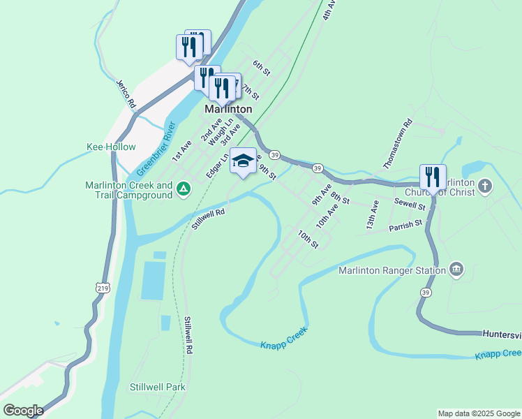 map of restaurants, bars, coffee shops, grocery stores, and more near 812 9th Street in Marlinton