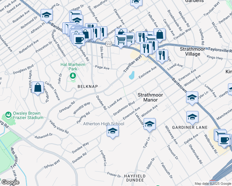 map of restaurants, bars, coffee shops, grocery stores, and more near 1950 Eastview Avenue in Louisville
