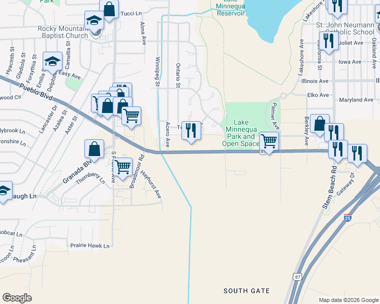 map of restaurants, bars, coffee shops, grocery stores, and more near 2285 West Pueblo Boulevard in Pueblo