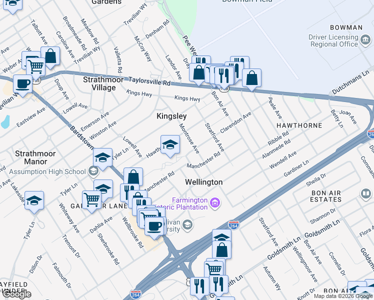 map of restaurants, bars, coffee shops, grocery stores, and more near 2379 Clarendon Avenue in Louisville
