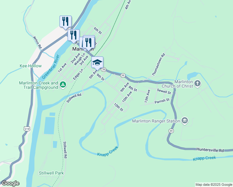 map of restaurants, bars, coffee shops, grocery stores, and more near 812 9th Street in Marlinton