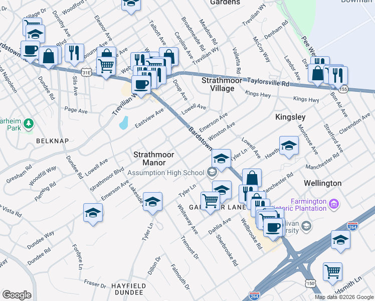 map of restaurants, bars, coffee shops, grocery stores, and more near 2154 Winston Avenue in Louisville