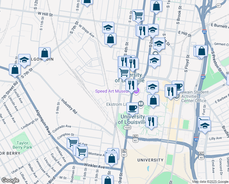 map of restaurants, bars, coffee shops, grocery stores, and more near 2030 South 4th Street in Louisville