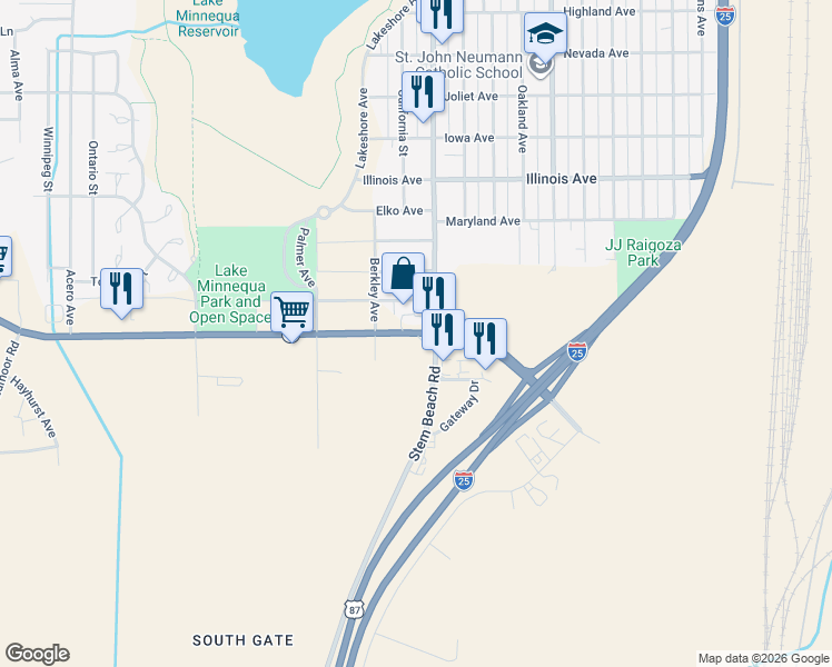 map of restaurants, bars, coffee shops, grocery stores, and more near 1216 West Pueblo Boulevard in Pueblo
