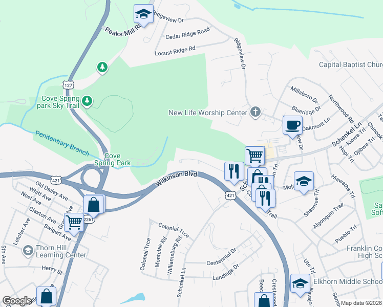 map of restaurants, bars, coffee shops, grocery stores, and more near 315 Bypass Plaza Drive in Frankfort