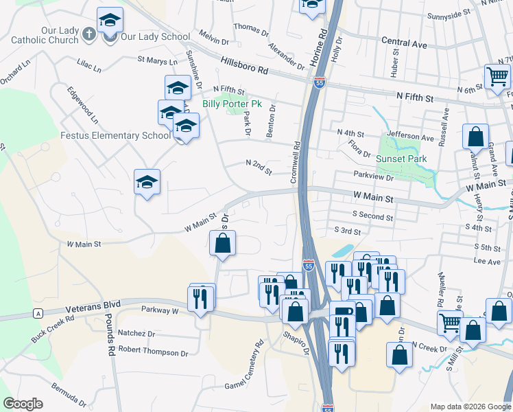 map of restaurants, bars, coffee shops, grocery stores, and more near 107 Colonial Drive in Festus