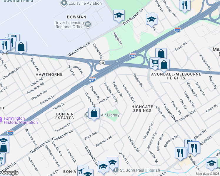 map of restaurants, bars, coffee shops, grocery stores, and more near 3022 Radiance Road in Louisville
